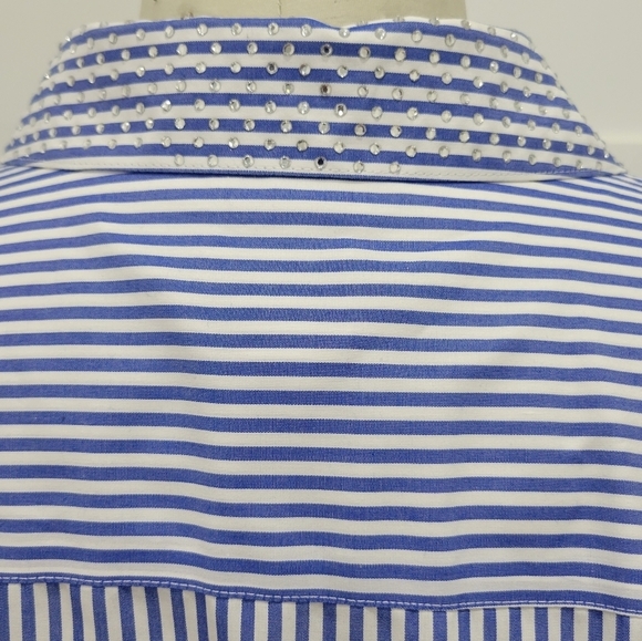 NWOT Chico's Women's Blue/White Stripe Rhinestone Collar Button Up Top Sz 3 - Picture 6 of 12